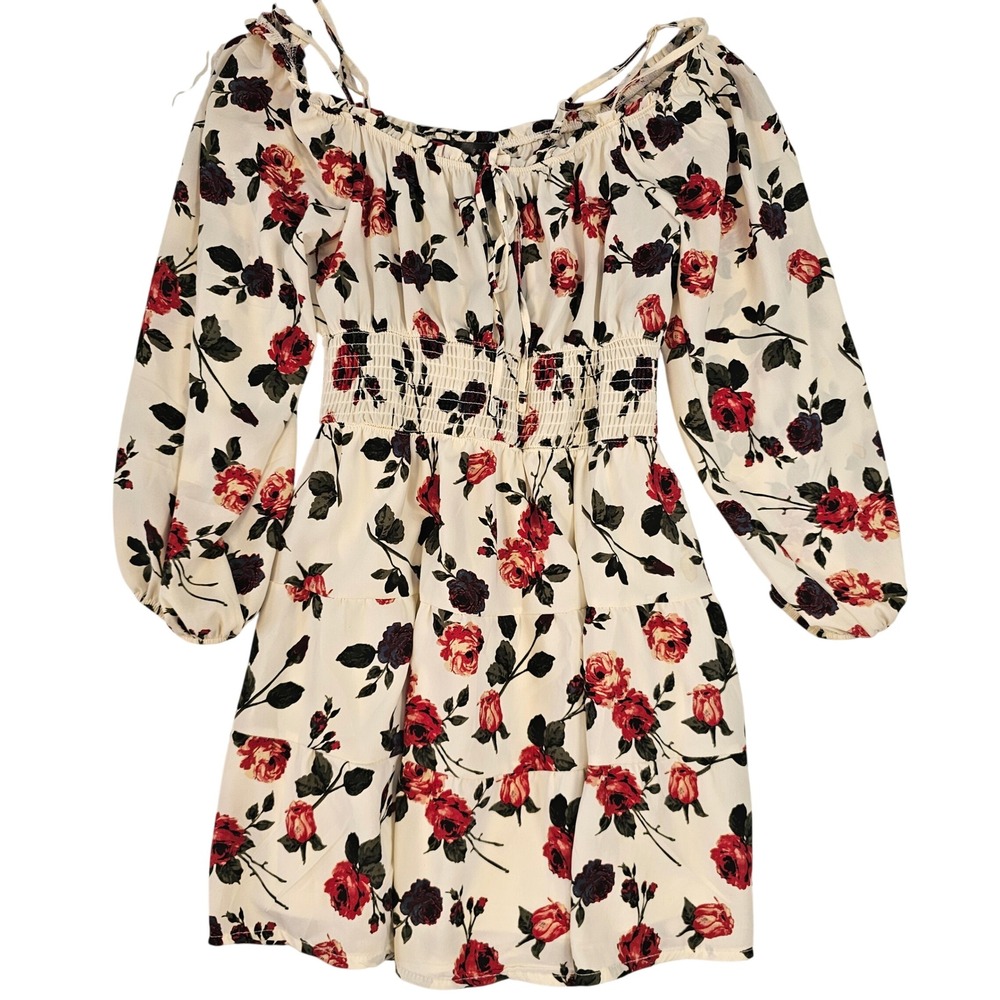 Faded Rose Floral Smocked Mini Dress Cream Red Long Sleeve Small